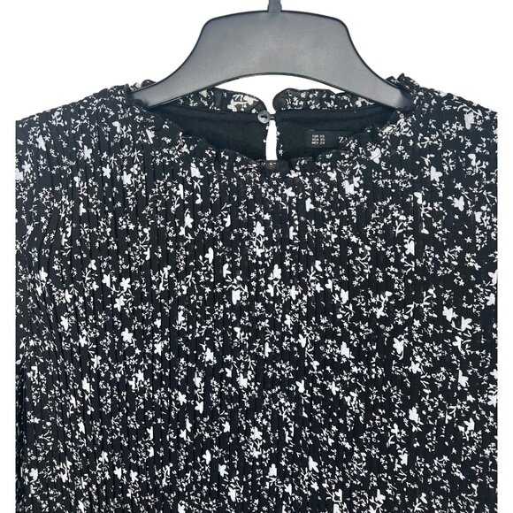 Zara Basic Black & White Floral Pleated Mini Dress Long Sleeves XS - Picture 10 of 15